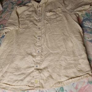 Field& Stream XL 100% LINEN Shortsleeves Yellow Pockets Button Up Men's Shirt